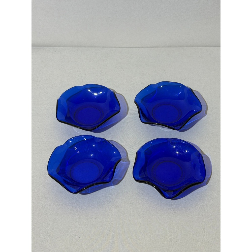 Vintage Cobalt Blue Glass Ruffled Rim Small Bowls Set of 4 Scalloped Edge Dishes
